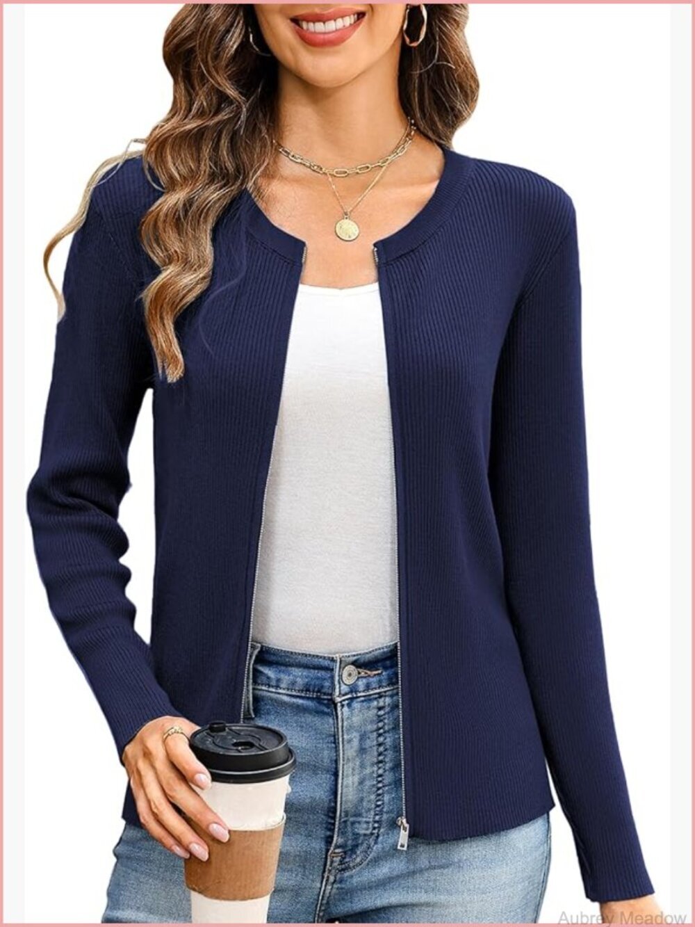 Long Sleeve Zip Up Sweater Lightweight Cardigan Crew Neck Zipper Jacket